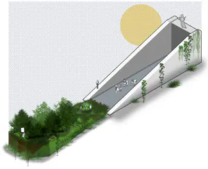 The whole High Street would be dug out to make way for this new kind of “street”. The idea, as stated, is to alter the way that people use this street, so that they can learn about the legacy of Dudley. This would mean that there would be a canopy that sits on top of the cut, that would also act as a means to shelter everything underneath, but would also be made in Dudley to promote local craftsmans. This canopy can then hold something like Theatre Curtains with the history of Dudley presented on them. As you walk through the cut, you go through all the different parts of Dudley’s Legacy - Saxon, Middle Ages, Industrial Revolution, Modern, and you would end the walk on the “Future”. You would start at one end, up by the top church, and as you walk through towards the market place, you would walk through the eras in chronological order. Then, once you exit the tunnel, you would leave the Modern era, and come out into the reclaimed green space, which would represent the future of Dudley’s Legacy. This would be a Miyawaki Forest that would be expanded out through the streets, taking over the spots where cars used to drive, to now benefit Dudley, it’s people, and the world as a whole.

Dudley’s High Street is about 240 metres long, about 9 metres wide, and rises about 8 metres. This would provided a very prominent feature for the High Street if it was dug out and recommissioned.

An added aspect to the dug out street would be that of the canopy that would reside above it. While thinking of the design, two ideas stood out - one that would stand raised, at about the same level as the end of the street, which would create this arcade styled archway that would reside high above the street. The second was having the canopy be flush with the pavement all the way up, except at the end that would then provide a small increase around the steps.

Both ideas serve the same purpose, but provide drastically different means of doing so. - Oscar Law Parti Diagram.png